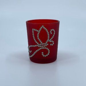 Red votive candle holder, unique, handmade. 2.5 in. high. Army green rhinestones